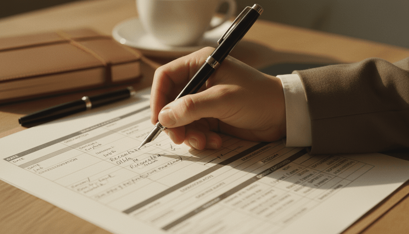 Close-up of hand reviewing bank reconciliation and expense categorization